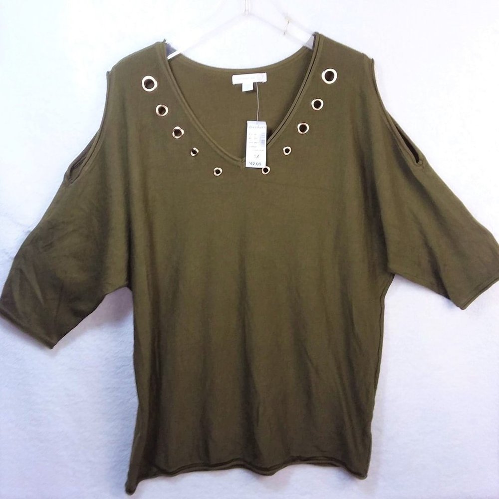 Westport Cold Shoulder Grommet neckline Green Top